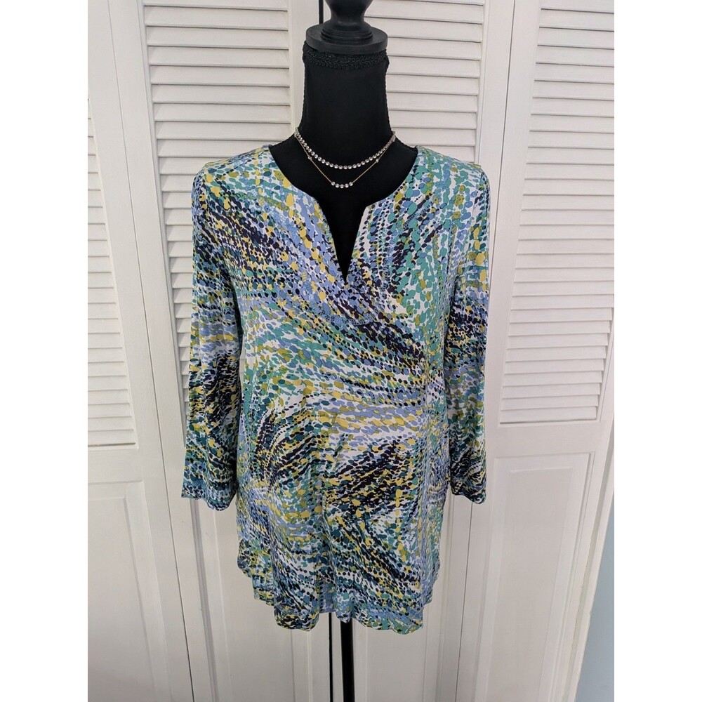 Pappagallo Knit Top Womens S Art To Wear Blue Green Swirl Abstract Blouse Resort